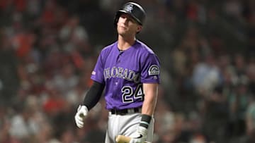 SAN FRANCISCO, CALIFORNIA - SEPTEMBER 25: Ryan McMahon #24 of the Colorado Rockies reacts after he was called out on strike against the San Francisco Giants in the top of the six inning at Oracle Park on September 25, 2019 in San Francisco, California. (Photo by Thearon W. Henderson/Getty Images)