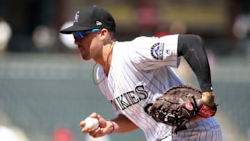 DENVER, CO - SEPTEMBER 12: Josh Fuentes #8 of the Colorado Rockies plays first base during the game against the St. Louis Cardinals at Coors Field on September 12, 2019 in Denver, Colorado. The Cardinals defeated the Rockies 10-3. (Photo by Rob Leiter/MLB Photos via Getty Images)