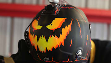 MARTINSVILLE, VIRGINIA - OCTOBER 26: Detail of the helmet of Kyle Busch, driver of the #18 M&M's Halloween Toyota, during practice for the Monster Energy NASCAR Cup Series First Data 500 at Martinsville Speedway on October 26, 2019 in Martinsville, Virginia. (Photo by Matt Sullivan/Getty Images)