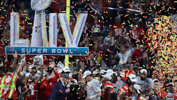 MIAMI, FLORIDA - FEBRUARY 02: The Kansas City Chiefs celebrate with the Vince Lombardi Trophy after defeating the San Francisco 49ers 31-20 in Super Bowl LIV at Hard Rock Stadium on February 02, 2020 in Miami, Florida. (Photo by Al Bello/Getty Images)