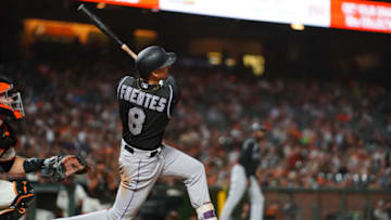 SAN FRANCISCO, CALIFORNIA - SEPTEMBER 24: Josh Fuentes #8 of the Colorado Rockies bats during the game against the San Francisco Giants at Oracle Park on September 24, 2019 in San Francisco, California. (Photo by Daniel Shirey/Getty Images)