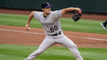 SEATTLE, WA - AUGUST 08: Starting pitcher Ryan Castellani #60 of the Colorado Rockies delivers a pitch during the first inning of a game against the Seattle Mariners at T-Mobile Park on August, 8, 2020 in Seattle, Washington. (Photo by Stephen Brashear/Getty Images)