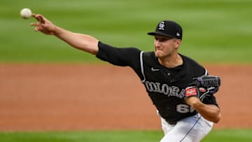 DENVER, CO - AUGUST 14: Ryan Castellani #60 of the Colorado Rockies pitches against the Texas Rangers in the first inning of a game at Coors Field on August 14, 2020 in Denver, Colorado. (Photo by Dustin Bradford/Getty Images)