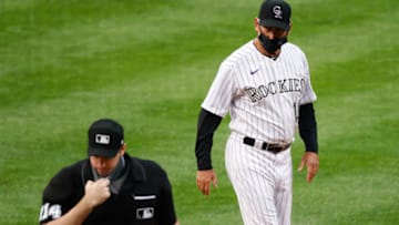 DENVER, CO - AUGUST 15: Manager Bud Black of the Colorado Rockies argues a call with home plate umpire Nate Tomlinson during the fourth inning against the Texas Rangers at Coors Field on August 15, 2020 in Denver, Colorado. (Photo by Justin Edmonds/Getty Images)