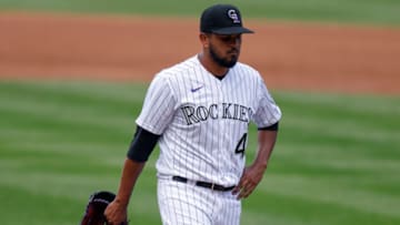 DENVER, CO - AUGUST 20: Starting pitcher German Marquez #48 of the Colorado Rockies walks off the field during the second inning against the Houston Astros at Coors Field on August 20, 2020 in Denver, Colorado. (Photo by Justin Edmonds/Getty Images)