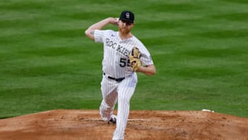 DENVER, CO - SEPTEMBER 01: Starting pitcher Jon Gray #55 of the Colorado Rockies delivers to home plate during the first inning against the San Francisco Giants at Coors Field on September 1, 2020 in Denver, Colorado. (Photo by Justin Edmonds/Getty Images)