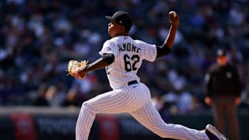 DENVER, CO - APRIL 8: Relief pitcher Yency Almonte #62 of the Colorado Rockies delivers to home plate during the eighth inning against the Arizona Diamondbacks at Coors Field on April 8, 2021 in Denver, Colorado. (Photo by Justin Edmonds/Getty Images)
