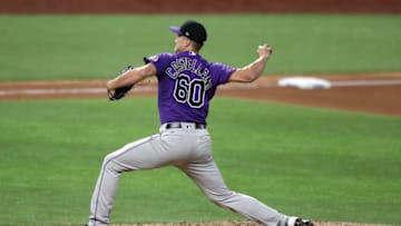 ARLINGTON, TEXAS - JULY 22: Ryan Castellani #60 of the Colorado Rockies throws against the Texas Rangers in the seventh inning during a MLB exhibition game at Globe Life Field on July 22, 2020 in Arlington, Texas. (Photo by Ronald Martinez/Getty Images)