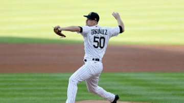 DENVER, COLORADO - AUGUST 03: Starting pitcher Chi Chi González #50 of the Colorado Rockies throws in the first inning against the San Francisco Giants at Coors Field on August 03, 2020 in Denver, Colorado. (Photo by Matthew Stockman/Getty Images)