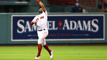 BOSTON, MASSACHUSETTS - AUGUST 12: Kevin Pillar #5 of the Boston Red Sox catches a fly ball from Yandy Diaz #2 of the Tampa Bay Rays during the sixth inning at Fenway Park on August 12, 2020 in Boston, Massachusetts. (Photo by Maddie Meyer/Getty Images)