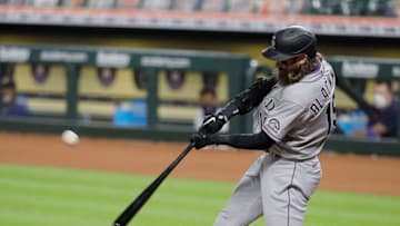HOUSTON, TEXAS - AUGUST 17: Charlie Blackmon #19 of the Colorado Rockies pops out in the first inning against the Houston Astros at Minute Maid Park on August 17, 2020 in Houston, Texas. (Photo by Bob Levey/Getty Images)