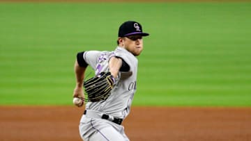HOUSTON, TEXAS - AUGUST 17: Kyle Freeland #21 of the Colorado Rockies pitches against the Houston Astros at Minute Maid Park on August 17, 2020 in Houston, Texas. (Photo by Bob Levey/Getty Images)