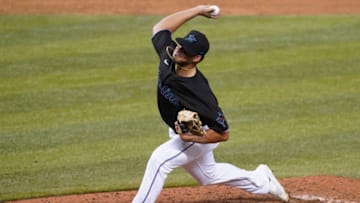 MIAMI, FLORIDA - AUGUST 29: Jesus Tinoco #42 of the Miami Marlins delivers a pitch in the ninth inning against the Tampa Bay Rays at Marlins Park on August 29, 2020 in Miami, Florida. All players are wearing #42 in honor of Jackie Robinson Day. The day honoring Jackie Robinson, traditionally held on April 15, was rescheduled due to the COVID-19 pandemic. (Photo by Mark Brown/Getty Images)