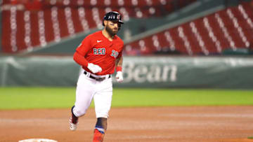 BOSTON, MASSACHUSETTS - AUGUST 29: Kevin Pillar #42 of the Boston Red Sox rounds the bases after hitting a home run against the Washington Nationalsduring the fourth inning at Fenway Park on August 29, 2020 in Boston, Massachusetts. All players are wearing #42 in honor of Jackie Robinson Day. The day honoring Jackie Robinson, traditionally held on April 15, was rescheduled due to the COVID-19 pandemic. (Photo by Maddie Meyer/Getty Images)
