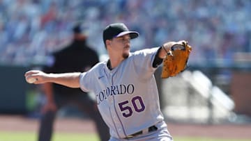 SAN FRANCISCO, CALIFORNIA - SEPTEMBER 24: Chi Chi Gonzalez #50 of the Colorado Rockies pitches in the bottom of the first inning against the San Francisco Giants at Oracle Park on September 24, 2020 in San Francisco, California. (Photo by Lachlan Cunningham/Getty Images)