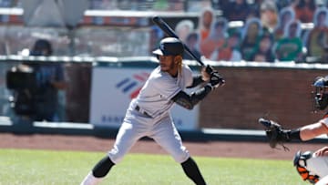 SAN FRANCISCO, CALIFORNIA - SEPTEMBER 24: Raimel Tapia #15 of the Colorado Rockies at bat against the San Francisco Giants at Oracle Park on September 24, 2020 in San Francisco, California. (Photo by Lachlan Cunningham/Getty Images)