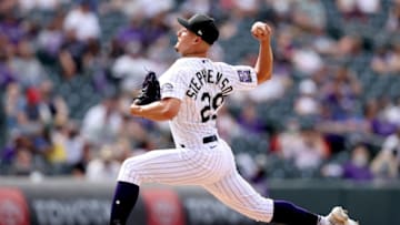 DENVER, COLORADO - APRIL 25: Pitcher Robert Stephenson #29 of the Colorado Rockies throws against the Philadelphia Phillies in the eighth inning at Coors Field on April 25, 2021 in Denver, Colorado. (Photo by Matthew Stockman/Getty Images)