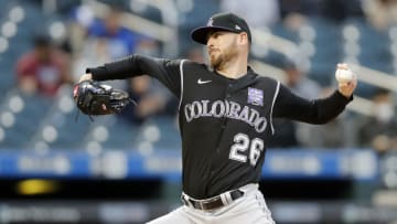 NEW YORK, NEW YORK - MAY 24: (NEW YORK DAILIES OUT) Austin Gomber #26 of the Colorado Rockies in action against the New York Mets at Citi Field on May 24, 2021 in New York City. The Rockies defeated the Mets 3-2. (Photo by Jim McIsaac/Getty Images)
