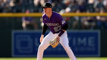 DENVER, COLORADO - JUNE 28: Trevor Story #27 of the Colorado Rockies plays shortstop against the Pittsburgh Pirates in the eighth inning at Coors Field on June 28, 2021 in Denver, Colorado. (Photo by Matthew Stockman/Getty Images)