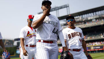 DENVER, COLORADO - JULY 12: German Marquez #48 of the Colorado Rockies walks to the dugout during the Gatorade All-Star Workout Day at Coors Field on July 12, 2021 in Denver, Colorado. (Photo by Justin Edmonds/Getty Images)