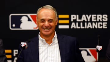 DENVER, COLORADO - JULY 12: Commissioner of Baseball Robert D. Manfred Jr. speaks during a press conference announcing a partnership with the Players Alliance during the Gatorade All-Star Workout Day at Coors Field on July 12, 2021 in Denver, Colorado. (Photo by Justin Edmonds/Getty Images)