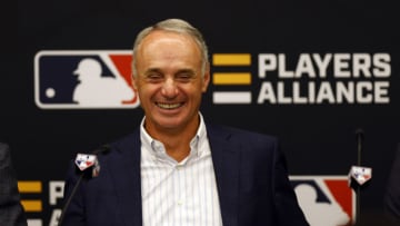DENVER, COLORADO - JULY 12: Commissioner of Baseball Robert D. Manfred Jr. speaks during a press conference announcing a partnership with the Players Alliance during the Gatorade All-Star Workout Day at Coors Field on July 12, 2021 in Denver, Colorado. (Photo by Justin Edmonds/Getty Images)