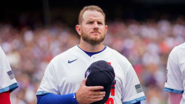 DENVER, COLORADO - JULY 13: National League All-Star Max Muncy #13 of the Los Angeles Dodgers stands for the national anthem during the 91st MLB All-Star Game presented by Mastercard at Coors Field on July 13, 2021 in Denver, Colorado. (Photo by Matt Dirksen/Colorado Rockies/Getty Images)