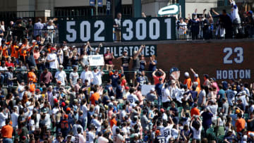 DETROIT, MICHIGAN - APRIL 23: A general view as signage for Miguel Cabrera #24 of the Detroit Tigers is changed to 3001 career hits after an RBI single during the sixth inning of Game One of a doubleheader against the Colorado Rockies at Comerica Park on April 23, 2022 in Detroit, Michigan. (Photo by Katelyn Mulcahy/Getty Images)