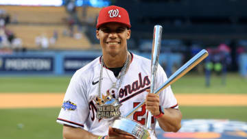 LOS ANGELES, CALIFORNIA - JULY 18: National League All-Star Juan Soto #22 of the Washington Nationals poses with the 2022 T-Mobile Home Run Derby trophy after winning the event at Dodger Stadium on July 18, 2022 in Los Angeles, California. (Photo by Sean M. Haffey/Getty Images)