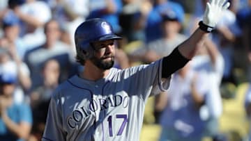 LOS ANGELES, CA - SEPTEMBER 29: Todd Helton #17 of the Colorado Rockies acknowledges the crowd in the ninth inning against the Los Angeles Dodgers at Dodger Stadium on September 29, 2013 in Los Angeles, California. Helton is retiring at the ens of the 2013 season. (Photo by Lisa Blumenfeld/Getty Images)