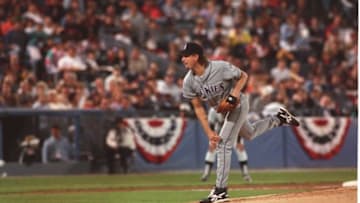 6 Oct 1995: Pitcher Bret Saberhagen of the Colorado Rockies follows through on his release after delivering a pitch during the Rockies 7-5 loss to the Atlanta Braves in the National League Championship Series at Fulton County Stadium in Atlanta, Georgia.