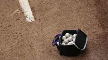 DENVER, CO - APRIL 25: A bag of baseballs sits on the mound in the bullpen as the Pittsburgh Pirates prepare to face the Colorado Rockies at Coors Field on April 25, 2016 in Denver, Colorado. (Photo by Doug Pensinger/Getty Images)