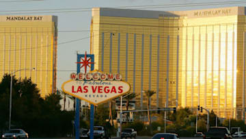 LAS VEGAS - NOVEMBER 11: Traffic passes by the famous sign welcoming motorists on the south end of the Las Vegas Strip November 11, 2005 in Las Vegas, Nevada. The Mandalay Bay Resort & Casino is in the background. (Photo by Ethan Miller/Getty Images)