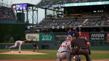 DENVER, CO - AUGUST 15: David Dahl #26 of the Colorado Rockies hits a first inning RBI double off of Max Scherzer #31 of the Washington Nationals during a game at Coors Field on August 15, 2016 in Denver, Colorado. (Photo by Dustin Bradford/Getty Images)