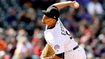 DENVER, CO - APRIL 27: Carlos Estevez #54 of the Colorado Rockies throws in the seventh inning against the Washington Nationals at Coors Field on April 27, 2017 in Denver, Colorado. (Photo by Matthew Stockman/Getty Images)