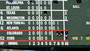 CHICAGO, IL - JUNE 10: The scoreboard operators watch the game between the Chicago Cubs and the Colorado Rockies during the sixth inning on June 10, 2017 at Wrigley Field in Chicago, Illinois. (Photo by David Banks/Getty Images)