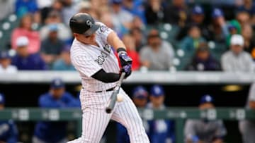 DENVER, CO - OCTOBER 01: Pat Valaika #4 of the Colorado Rockies bats during a regular season MLB game between the Colorado Rockies and the visiting Los Angeles Dodgers at Coors Field on October 1, 2017 in Denver, Colorado. (Photo by Russell Lansford/Getty Images)