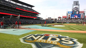 DENVER - OCTOBER 12: The Philadelphia Phillies take batting practice prior to Game Four of the NLDS against the Colorado Rockies during the 2009 MLB Playoffs at Coors Field on October 12, 2009 in Denver, Colorado. (Photo by Jed Jacobsohn/Getty Images)