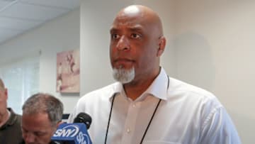 PORT ST. LUCIE, FL - MARCH 7: Tony Clark, executive director of the Major League Baseball Players Association talks to the media prior to the spring training game between the New York Mets and the New York Yankees at First Date Field on March 7, 2018 in Port St. Lucie, Florida. (Photo by Joel Auerbach/Getty Images)