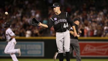 PHOENIX, AZ - MARCH 30: Starting pitcher Tyler Anderson #44 of the Colorado Rockies reacts after giving up a three run home run to Nick Ahmed #13 of the Arizona Diamondbacks during the first inning of the MLB game at Chase Field on March 30, 2018 in Phoenix, Arizona. (Photo by Christian Petersen/Getty Images)