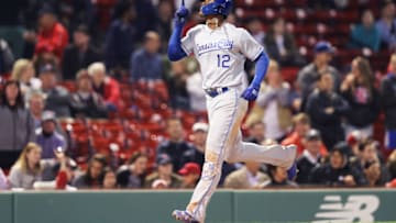 BOSTON, MA - MAY 1: Jorge Soler #12 of the Kansas City Royals celebrates after hitting a three run home run against the Boston Red Sox during the thirteenth inning at Fenway Park on May 1, 2018 in Boston, Massachusetts. (Photo by Maddie Meyer/Getty Images)