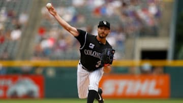 DENVER, CO - JUNE 3: Chad Bettis #35 of the Colorado Rockies delivers to home plate during the first inning against the Los Angeles Dodgers at Coors Field on June 3, 2018 in Denver, Colorado. (Photo by Justin Edmonds/Getty Images)