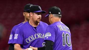 CINCINNATI, OH - JUNE 5: Manager Bud Black #10 of the Colorado Rockies replaces pitcher Bryan Shaw #29 of the Colorado Rockies in the ninth inning after Shaw gave up three runs against the Cincinnati Reds at Great American Ball Park on June 5, 2018 in Cincinnati, Ohio. Colorado defeated Cincinnati 9-6. (Photo by Jamie Sabau/Getty Images)