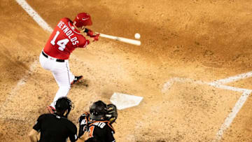 WASHINGTON, DC - JULY 07: Mark Reynolds #14 of the Washington Nationals hits a two run single against the Miami Marlins during the fifth inning at Nationals Park on July 07, 2018 in Washington, DC. (Photo by Scott Taetsch/Getty Images)