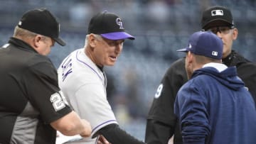 SAN DIEGO, CA - MAY 2: Manager Bud Black #10 of the Colorado Rockies shakes hands with manager Andy Green #14 of the San Diego Padres before a baseball game at PETCO Park on May 2, 2017 in San Diego, California. (Photo by Denis Poroy/Getty Images)