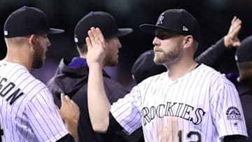 DENVER, CO - JUNE 06: Mark Reynolds #12 of the Colorado Rockies celebrates with his teammates their win against the Cleveland Indians at Coors Field on June 6, 2017 in Denver, Colorado. (Photo by Matthew Stockman/Getty Images)