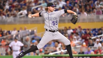 MIAMI, FL - AUGUST 11: Jon Gray #55 of the Colorado Rockies throws a pitch during the second inning against the Miami Marlins at Marlins Park on August 11, 2017 in Miami, Florida. (Photo by Eric Espada/Getty Images)