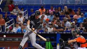MIAMI, FL - AUGUST 13: Ryan McMahon #1 of the Colorado Rockies records his first major league hit in the eighth inning during the game between the Miami Marlins and the Colorado Rockies at Marlins Park on August 13, 2017 in Miami, Florida. (Photo by Mark Brown/Getty Images)