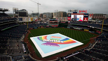 WASHINGTON, DC - AUGUST 29: The tarp covers the field before the start of the Miami Marlins and Washington Nationals game at Nationals Park on August 29, 2017 in Washington, DC. (Photo by Patrick McDermott/Getty Images)