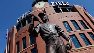DENVER, CO - APRIL 10: The statue of 'The Player' stands sentry outside the stadium as the Colorado Rockies host the Chicago Cubs during the Rockies home opener at Coors Field on April 10, 2015 in Denver, Colorado. (Photo by Doug Pensinger/Getty Images)